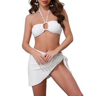 Women's Rope Circle Halter Bikini Set, 3 pc Triangle Bottoms Side Tie Cover Up Swimwear Bathing Suits