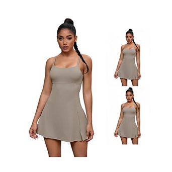 3 Packs Women's Spaghetti Strap Tennis Dress Built-in Bra and Shorts Side Slit Square Neck Dresses