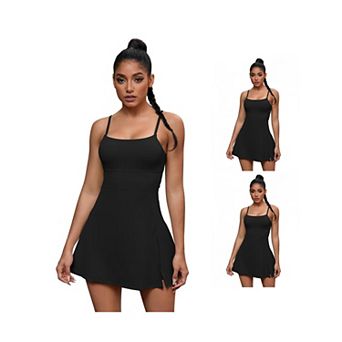 3 Packs Women's Spaghetti Strap Tennis Dress Built-in Bra and Shorts Side Slit Square Neck Dresses