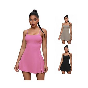 3 Packs Women's Spaghetti Strap Tennis Dress Built-in Bra and Shorts Side Slit Square Neck Dresses