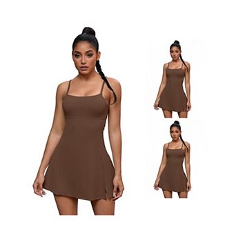 3 Packs Women's Spaghetti Strap Tennis Dress Built-in Bra and Shorts Side Slit Square Neck Dresses