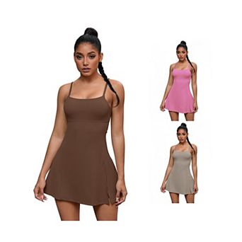 3 Packs Women's Spaghetti Strap Tennis Dress Built-in Bra and Shorts Side Slit Square Neck Dresses