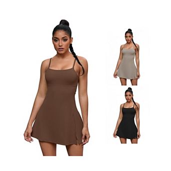 3 Packs Women's Spaghetti Strap Tennis Dress Built-in Bra and Shorts Side Slit Square Neck Dresses