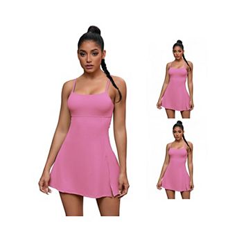 3 Packs Women's Spaghetti Strap Tennis Dress Built-in Bra and Shorts Side Slit Square Neck Dresses