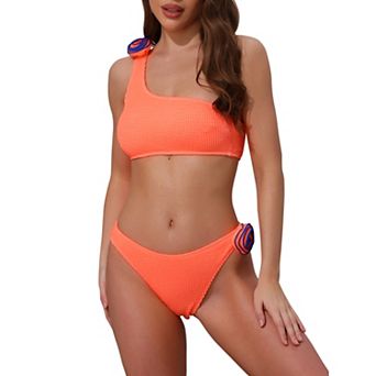 Women's 3D Rose Floral One Shoulder Ribbed Bikini Sets, 2 pc Asymmetric Swimwear Bathing Suits