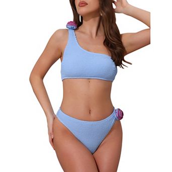 Women's 3D Rose Floral One Shoulder Ribbed Bikini Sets, 2 pc Asymmetric Swimwear Bathing Suits