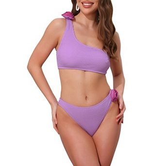Women's 3D Rose Floral One Shoulder Ribbed Bikini Sets, 2 pc Asymmetric Swimwear Bathing Suits