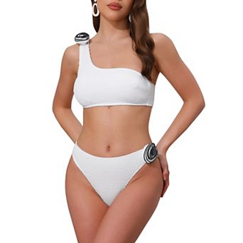 Women's 3D Rose Floral One Shoulder Ribbed Bikini Sets, 2 pc Asymmetric Swimwear Bathing Suits