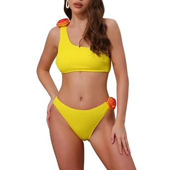 Women's 3D Rose Floral One Shoulder Ribbed Bikini Sets, 2 pc Asymmetric Swimwear Bathing Suits