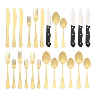 24 pc Stainless Steel Flatware Set with Knife, Serving Utensil Mirror Polished Cutlery Tableware Set
