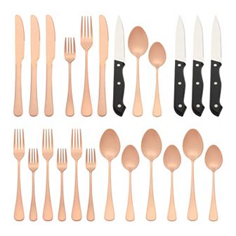 24 pc Stainless Steel Flatware Set with Knife, Serving Utensil Mirror Polished Cutlery Tableware Set