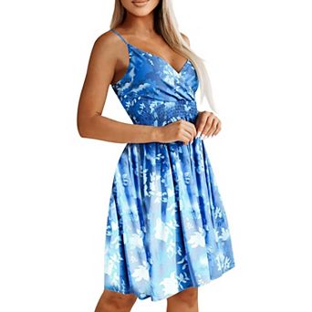 Women's Summer Dresses Spring Floral V Neck Adjustable Spaghetti Beach Flowy Wrap Dress