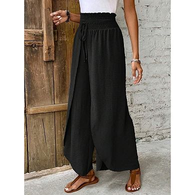 Women Flowy Elegant High Waist Splitted Trousers Wide Leg Elastic Waist Drawstring Pants
