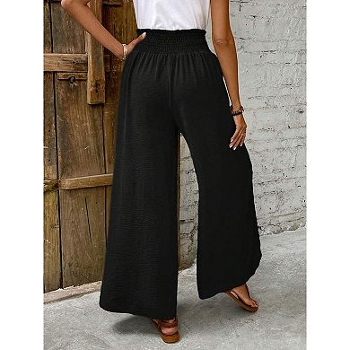 Women Flowy Elegant High Waist Splitted Trousers Wide Leg Elastic Waist Drawstring Pants