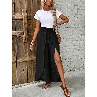 Women Flowy Elegant High Waist Splitted Trousers Wide Leg Elastic Waist Drawstring Pants