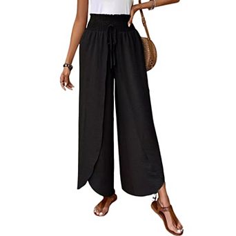 Women Flowy Elegant High Waist Splitted Trousers Wide Leg Elastic Waist Drawstring Pants