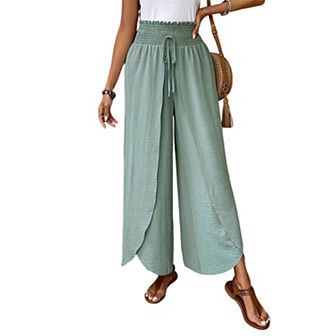 Women Flowy Elegant High Waist Splitted Trousers Wide Leg Elastic Waist Drawstring Pants