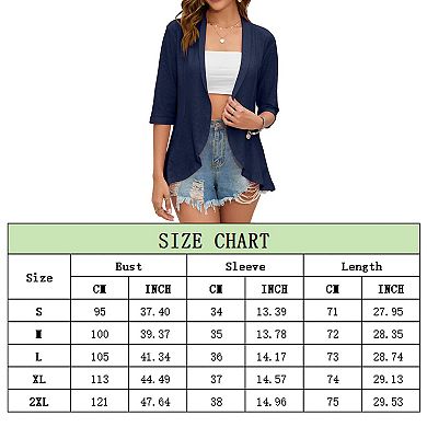 Women Solid Color Cardigan Ladies 3/4 Sleeve Summer Chiffon Trendy Open Front Top