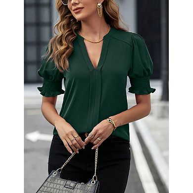 Women V Neck Shirts Short Sleeve Blouse Solid Shirred Top Work Tunic Comfy Chiffon Tee