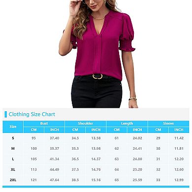 Women V Neck Shirts Short Sleeve Blouse Solid Shirred Top Work Tunic Comfy Chiffon Tee