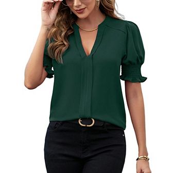 Women V Neck Shirts Short Sleeve Blouse Solid Shirred Top Work Tunic Comfy Chiffon Tee