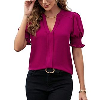 Women V Neck Shirts Short Sleeve Blouse Solid Shirred Top Work Tunic Comfy Chiffon Tee