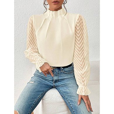 Women's Long Frill Sleeve Stand Collar Shirts Ruffle Solid Color Elegant Office Workwear Blouse