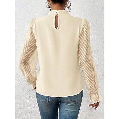 Women's Long Frill Sleeve Stand Collar Shirts Ruffle Solid Color Elegant Office Workwear Blouse