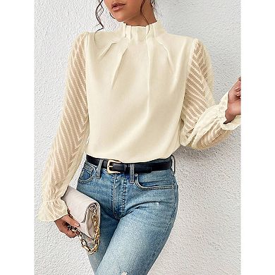 Women's Long Frill Sleeve Stand Collar Shirts Ruffle Solid Color Elegant Office Workwear Blouse
