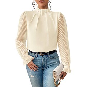 Women's Long Frill Sleeve Stand Collar Shirts Ruffle Solid Color Elegant Office Workwear Blouse