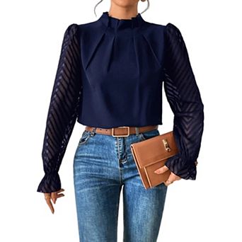 Women's Long Frill Sleeve Stand Collar Shirts Ruffle Solid Color Elegant Office Workwear Blouse