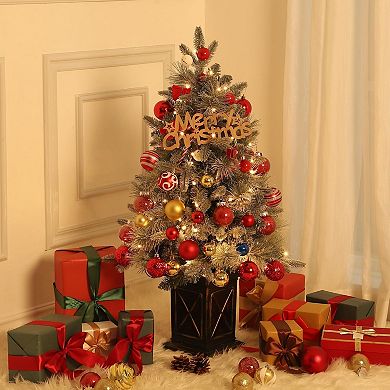4.5 FT Christmas Tree, Pre-lit Christmas Tree with X-Shaped Design Base and Red Berries