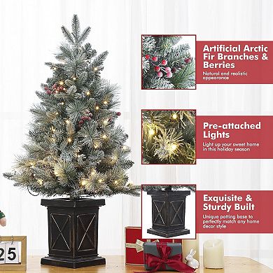 4.5 FT Christmas Tree, Pre-lit Christmas Tree with X-Shaped Design Base and Red Berries