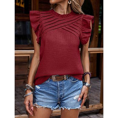 Women's Summer Tops Casual Crewneck Ruffle Cap Sleeve Tunic Shirts Blouses