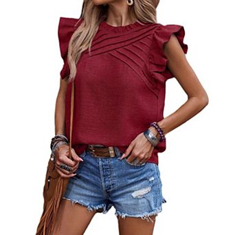 Women's Summer Tops Casual Crewneck Ruffle Cap Sleeve Tunic Shirts Blouses