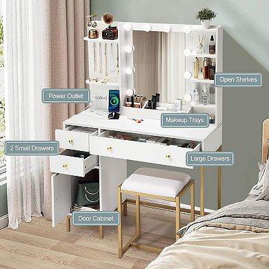 Vanity Desk with Mirror, Chair & Charging Station