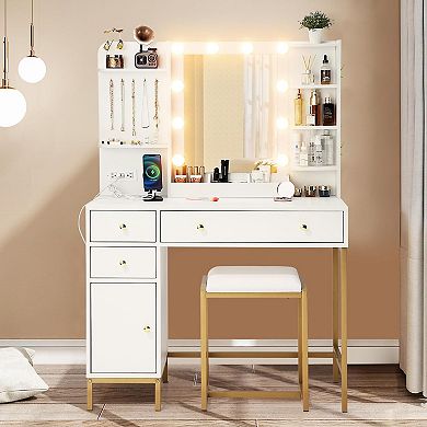 Vanity Desk with Mirror, Chair & Charging Station