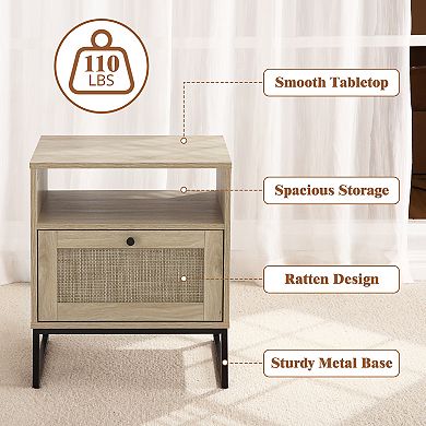 Rattan Side Table, Nightstand with Drawer Open Shelf