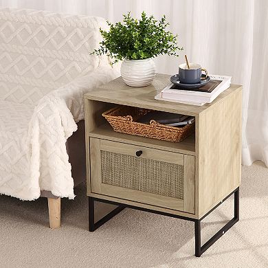 Rattan Side Table, Nightstand with Drawer Open Shelf