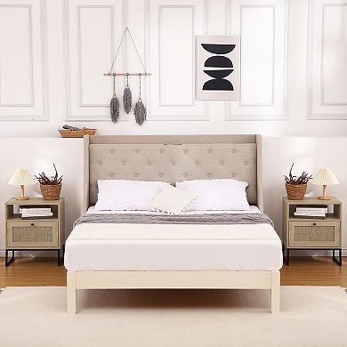 Rattan Side Table, Nightstand with Drawer Open Shelf