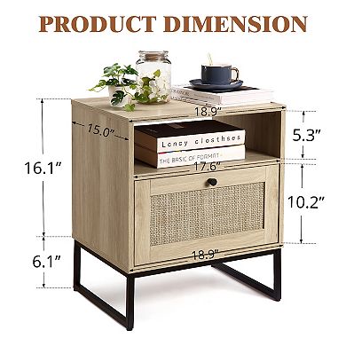 Rattan Side Table, Nightstand with Drawer Open Shelf