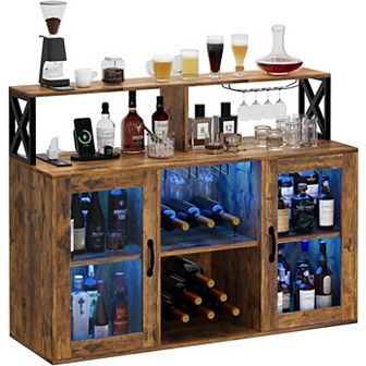 Kitchen Bar Cabinet with LED Lights, Sideboard Freestanding Liquor Cabinet Bar for Home Living Room,