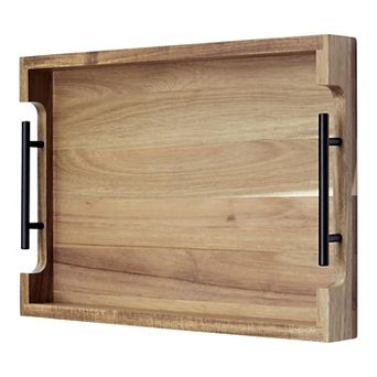Acacia Wood Serving Tray with Metal Handles, for Kitchen, Bedroom