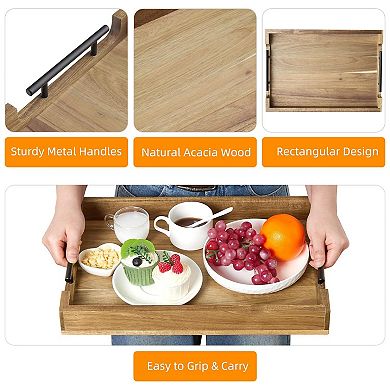 Acacia Wood Serving Tray with Metal Handles, for Kitchen, Bedroom