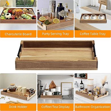 Acacia Wood Serving Tray with Metal Handles, for Kitchen, Bedroom