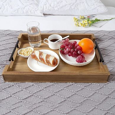 Acacia Wood Serving Tray with Metal Handles, for Kitchen, Bedroom