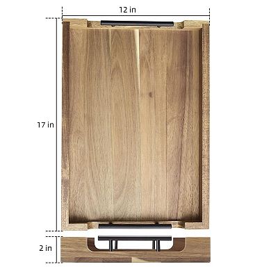 Acacia Wood Serving Tray with Metal Handles, for Kitchen, Bedroom