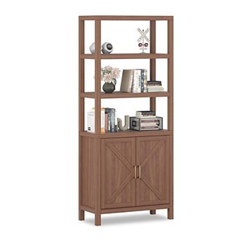 5 tier Wooden Bookcases with Open Shelf & Doors Cabinet
