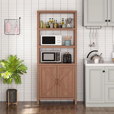 5 Tier Wooden Bookcases with Open Shelf & Doors Cabinet