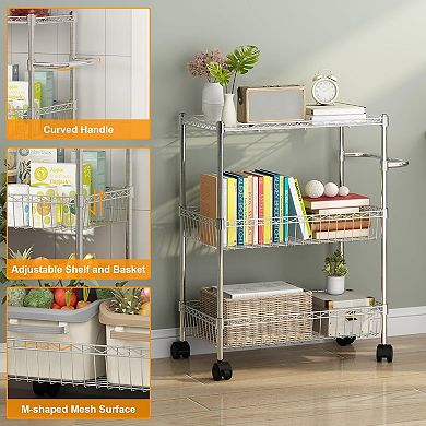 3 Tier Rolling Cart, Metal Kitchen Cart with Handles for Kitchen Bathroom Office Laundry
